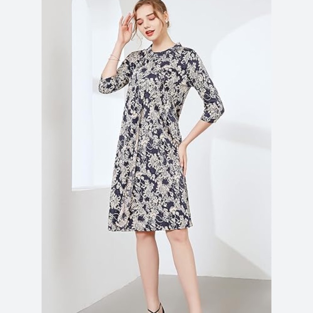 LOFT Black and White A-Line V-Neck Dress with 3/4 Sleeves